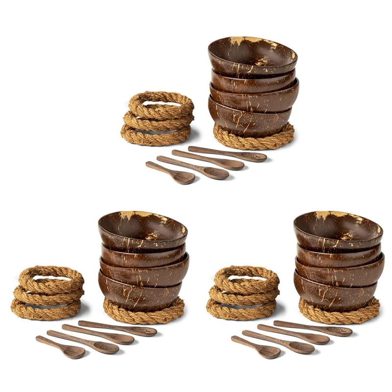 

Кокосовые чаши с ложками и подставками-набор из 12 чашек из кокосовой ракушки + деревянные ложки и подставки без колебаний для салата