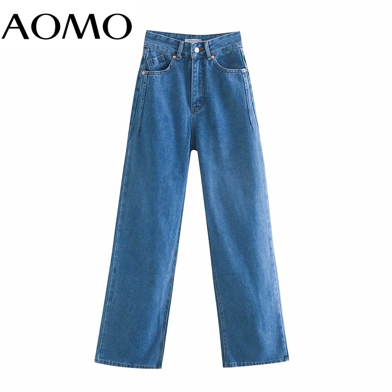 

AOMO 2020 women high waist overlength jeans pants trousers pockets zipper female wide leg denim pants 4M520A