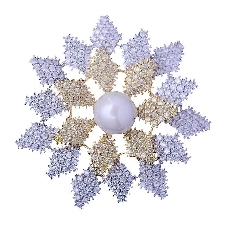 Korean Version Two-color Gold Clothing Accessories Inlaid Zircon Sun Flower Brooch Imitation Pearl Brooch Pin Wholesale