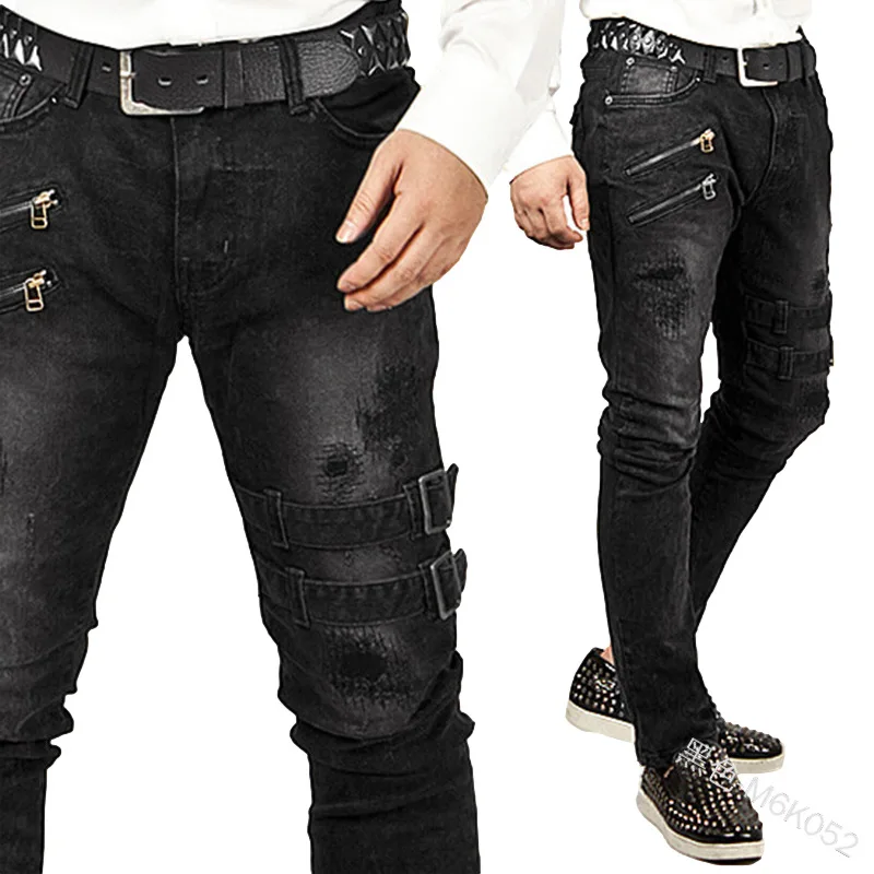 Streetwear Vintage Jeans Men's Jeans Summer Slim-Fit Zipper Ripped Jeans Men's Casual Low Waist Button Denim Straight-Leg Pants