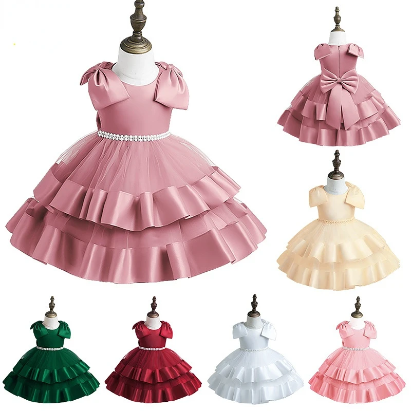 

European and American Girls Princess Dress Children's Cake Tutu Skirt Bow Sleeve Children's One-year-old Dress Children's Skirt