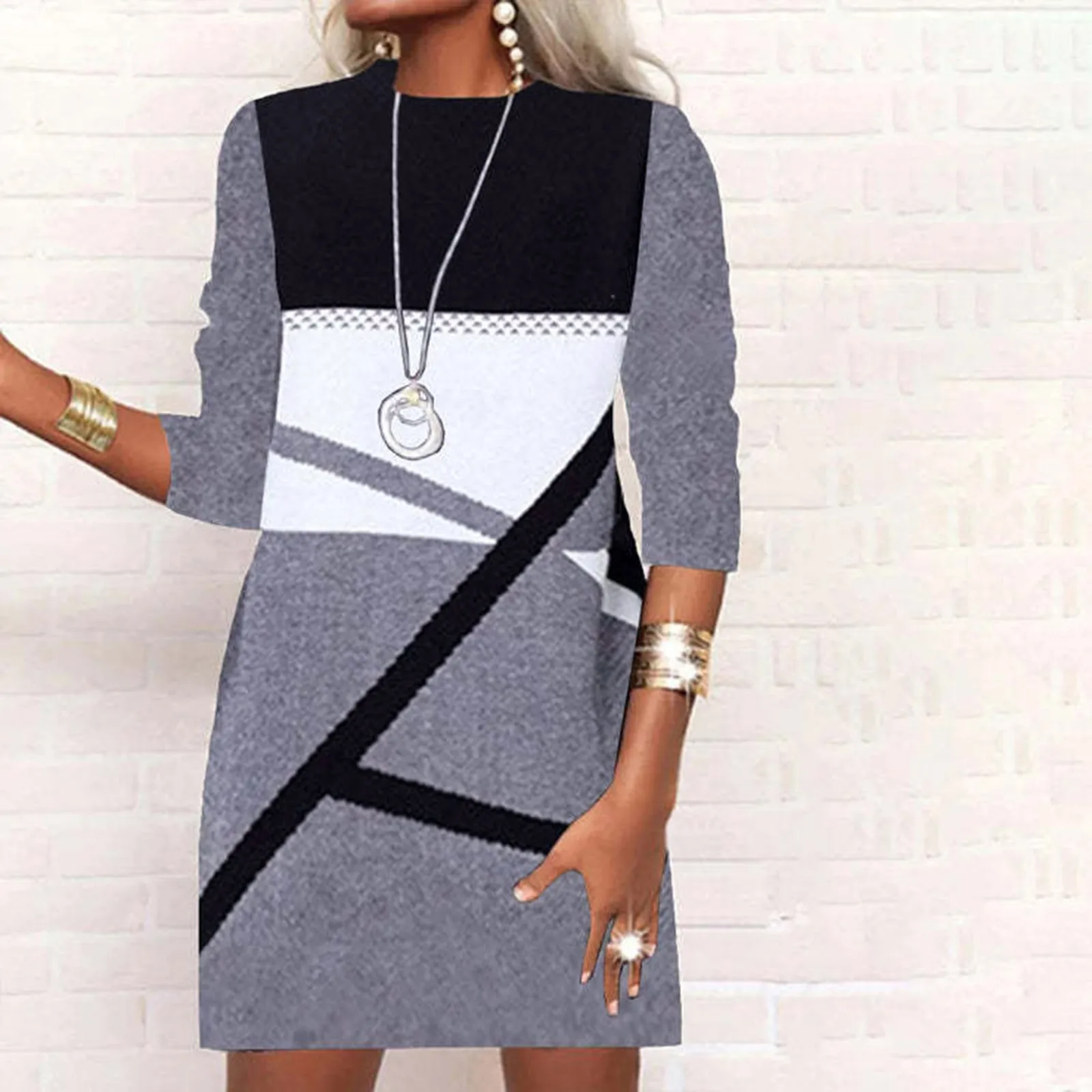 

Women's Fashion Casual Long Sleeve Print Round Neck Long Sleeve Dress Denim Dresses Women