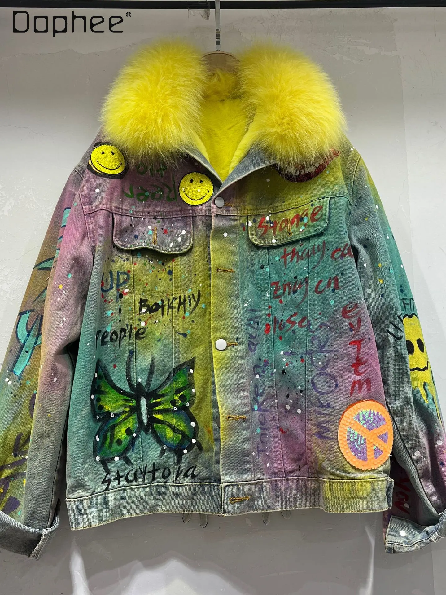 Fashion Brand Personality Letter Graffiti Heavy Industry Denim Jacket Female Fur Collar Fleece Thick Loose Cotton Coat Jacket