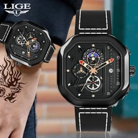 new lige brand luxury watch for men retro square mens watches sports waterproof wristwatch leather quartz date clock moon phase