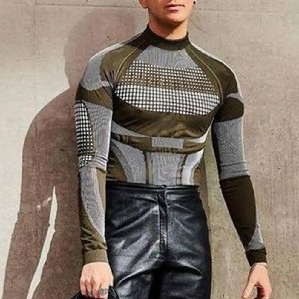 

Cool Winter Base Top Soft Color Matching Men Autumn T-shirt Slim Fit Elastic Men T-shirt for Daily Wear