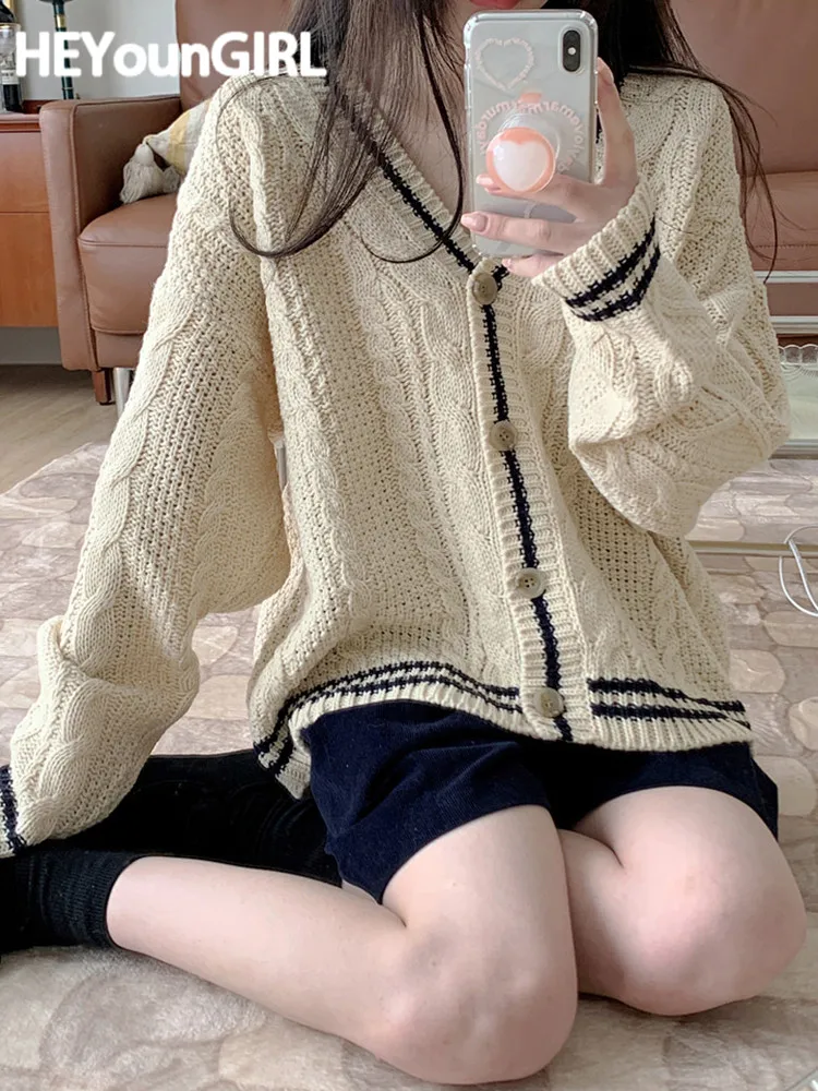 

Женский трикотажный кардиган HEYounGIRL в стиле преппи с V-образным вырезом, зимний Повседневный свободный свитер в Корейском стиле, милая уличн...