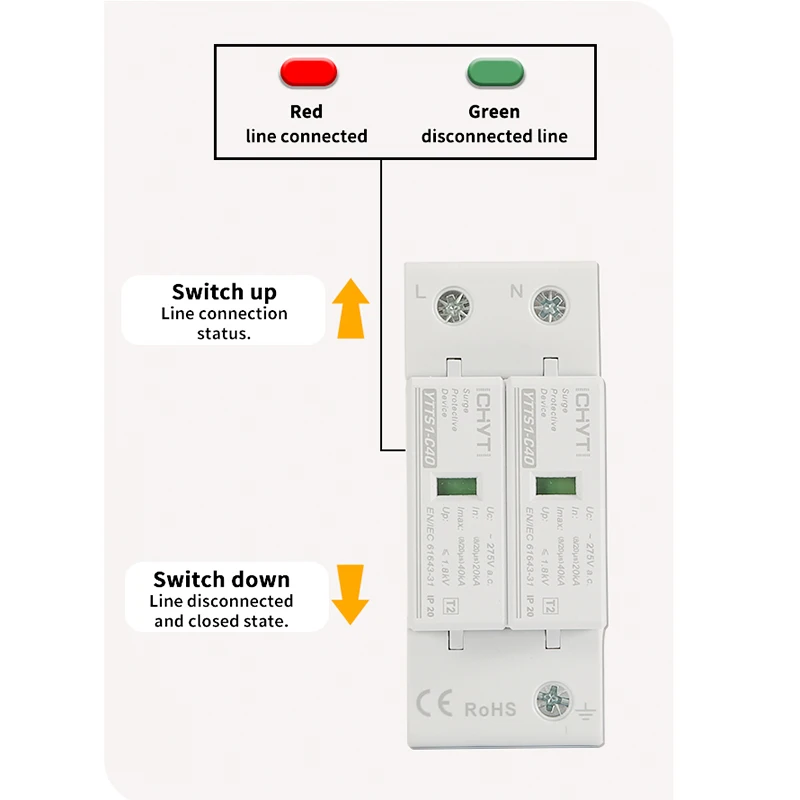 XIONGI SolarYTTS1-C40 SPD-2P 275 В переменного тока 40KA Защита от перенапряжения Молниезащита