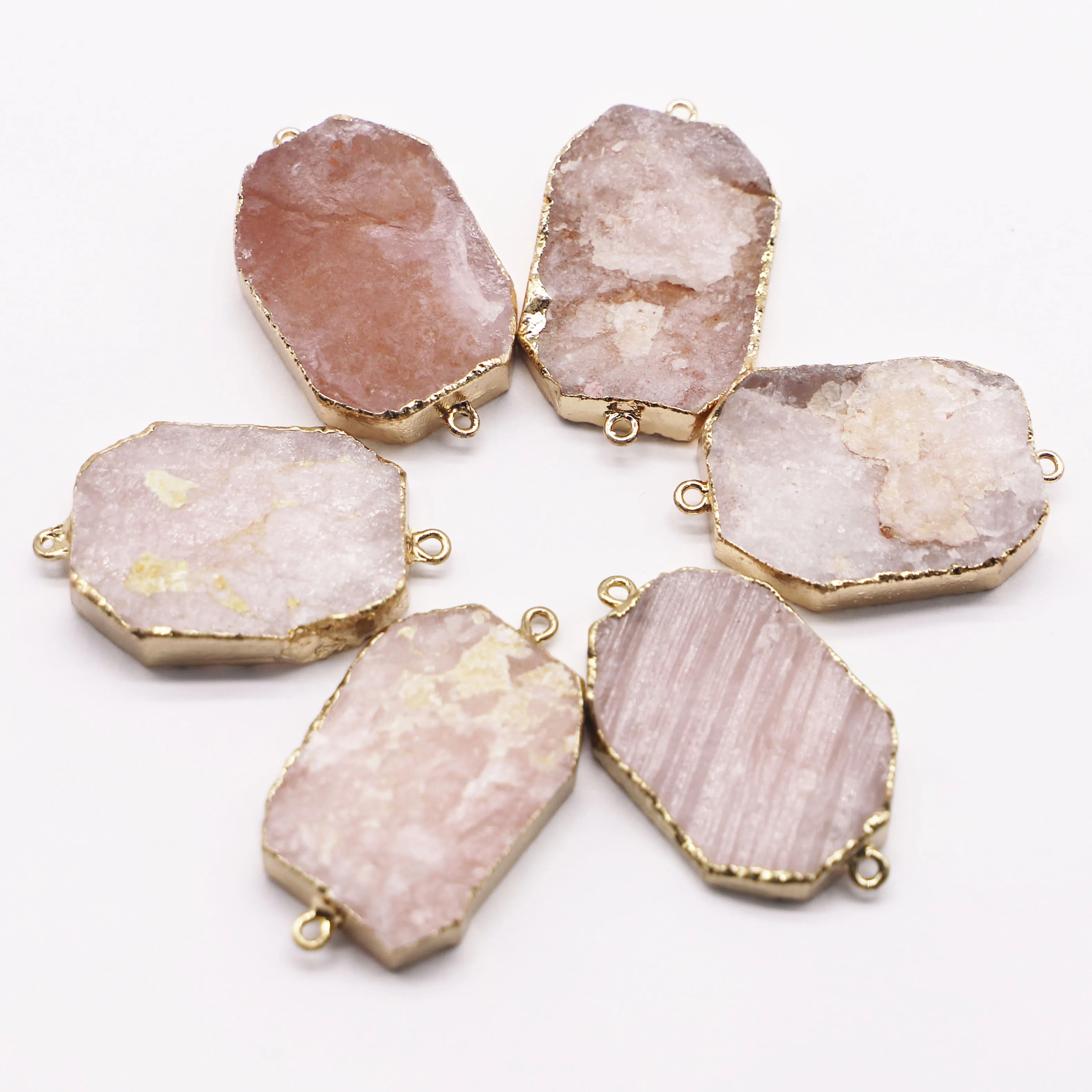 Natural Stone Oval Rose Quartz Pendant Connector Section Mineral Healing Gold Plated Edge Necklace Charms Jewelry Wholesale 6Pcs