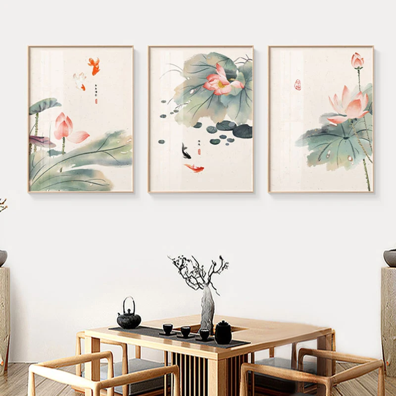 

Lotus Poster Canvas Wall Art Chinese Style Paintings for Living Room Frameless Minimalist Nordic Pictures On The Wall