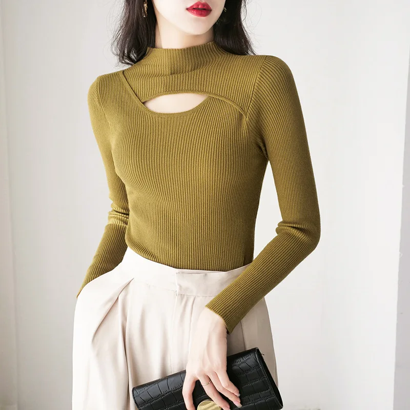 

2022 Autumn 5-color Women's Clothing Solid Color Hollow Half Turtleneck Pullover Women's Inner Long-sleeved Bottoming Sweater