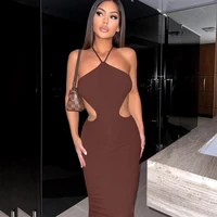 hotcy ribbed knit halter backless maxi dress women 2022 summer sleeveless fashion party evening club elegant casual clothes