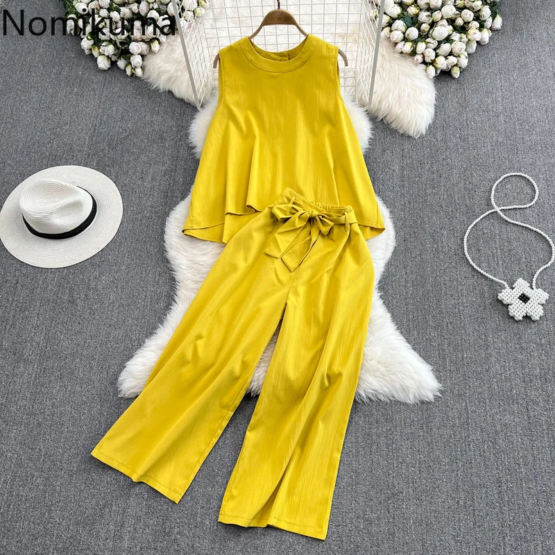 

Nomikuma 2 Piece Sets Womens Outfits Summer Sleeveless High Waist Drawstring Conjunto Femenino Retro Fashion Ensemble Femme