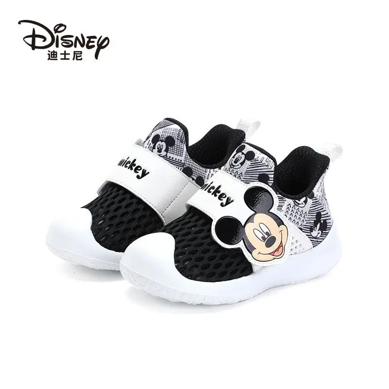 

Детская обувь Disney для мальчиков, Весенняя сетчатая обувь с мультяшным Микки, детская дышащая мягкая подошва, черные и белые туфли, размер 22-30
