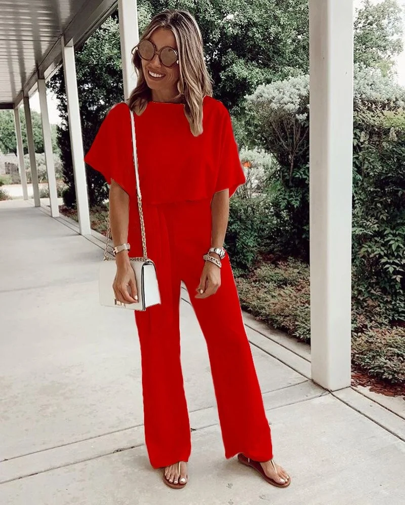 2021 New Loose Casual Loose Short Sleeves Jumpsuits Women Summer Solid Color Bandage Mature Wide Leg Pants Rompers Female Simple