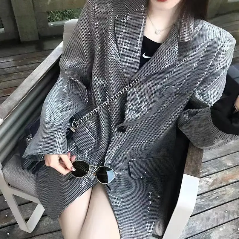 

BlingBling Fashion Korea Women Suit Coat New Spring Autumn All-match Loose Sparkle Sequins Blazers Long Sleeve Casual Jacket