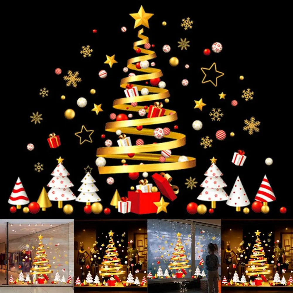 

Festival Party Supplies Home Decoration Gold Xmas Tree Gift Box Snoeflake Stars Decal Christmas Static Stickers