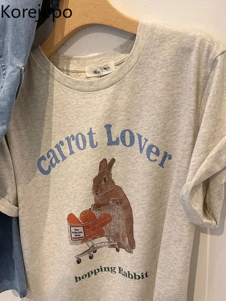 

Корейская американская рубашка в стиле ретро, хлопковая футболка с коротким рукавом и мультипликационным принтом, новинка 2022, Женские повс...