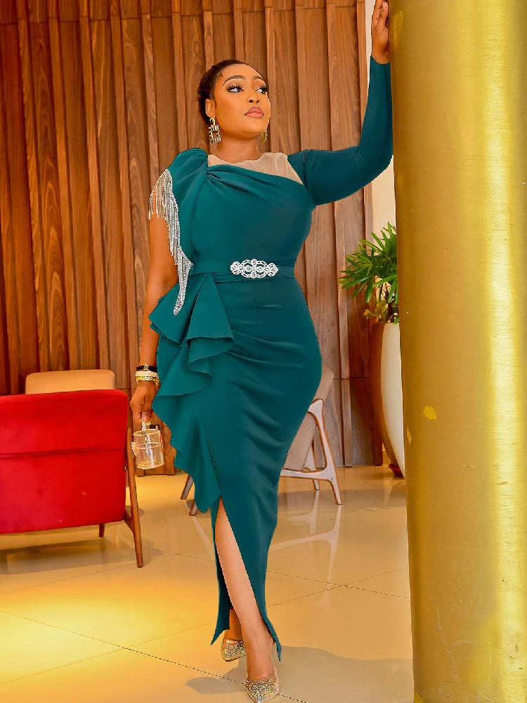 

Plus Size New African Tassel Dresses for Women Sexy Lady Party Bodycon Gown Elegant Wedding Evening Dress