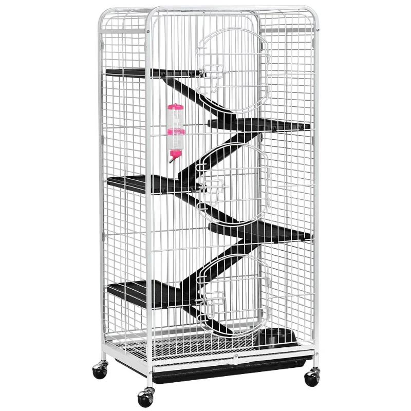 

6 Level Rolling Large Pet Cage with 3 Doors, Pet Bowl, and Water Bottle for Small Animals, White Large and Comfortable