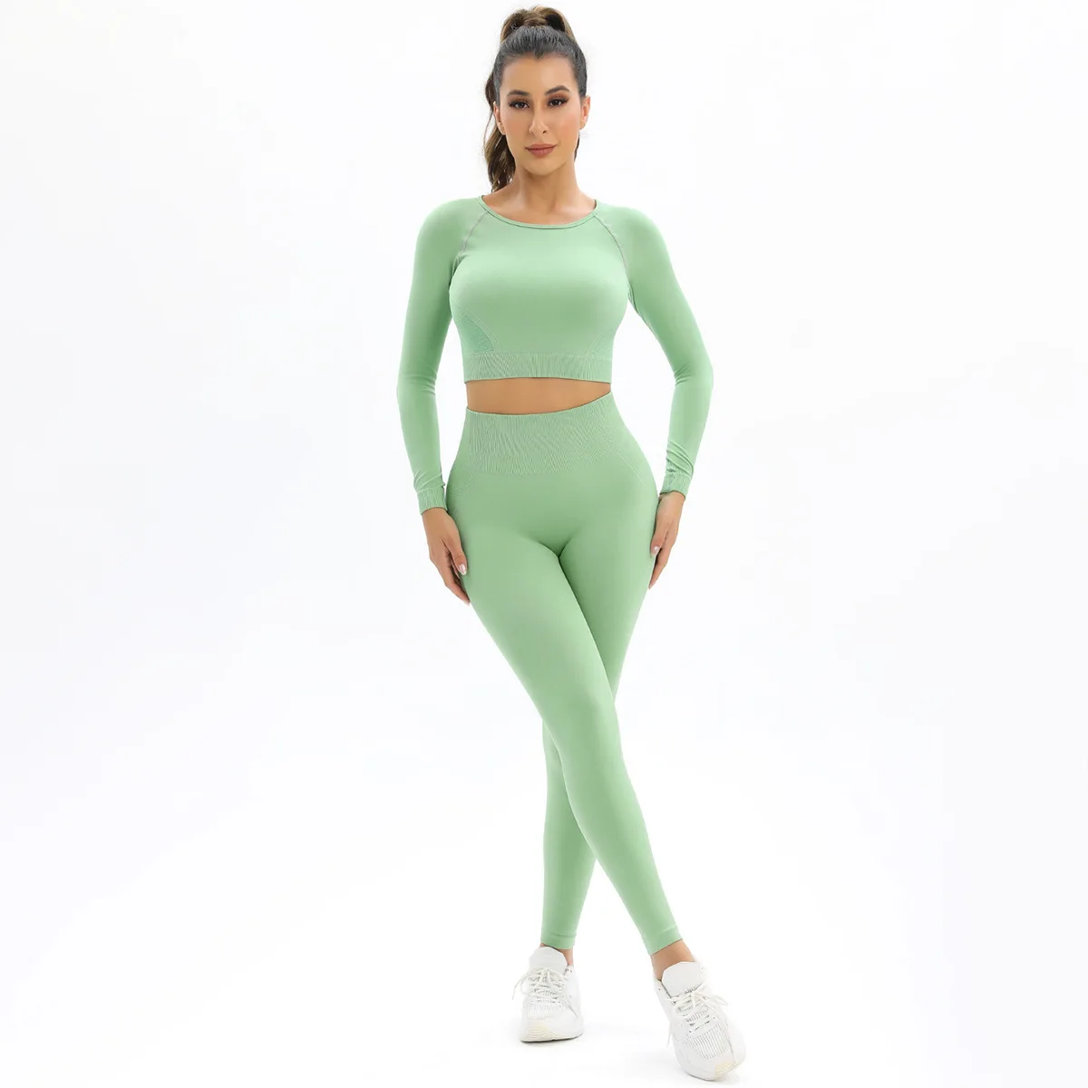 Seamless Backless Yogs Sets Sports Fitness High Waist Hip-lifting Trousers Long-Sleeved Suits Workout Gym Leggings Set for Women