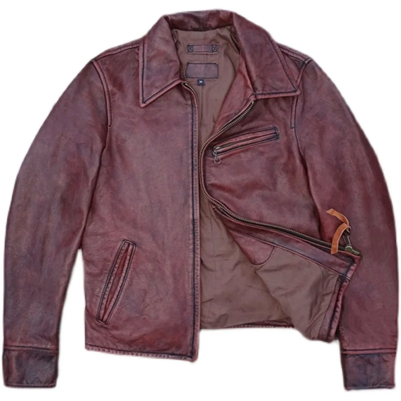 

Genuine Leather for Men Cowhide Red Brown 1930s Motorcycle Cafe Racer Winter Autumn Wear