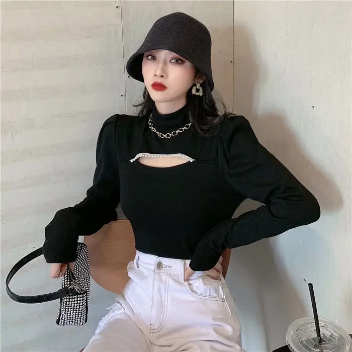 Женские футболки топ с бисером для женщин осенне-зимние розовые длинным рукавом |