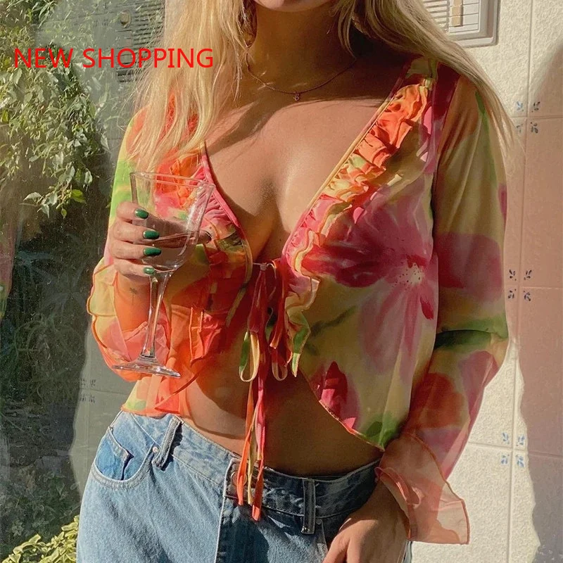 

Casual Shirt Y2K Tops Fashion Print Long Sleeve Cropped Tops Women Blouses Ruffles V Neck Bandage 2021 Summer Party Beach Blouse