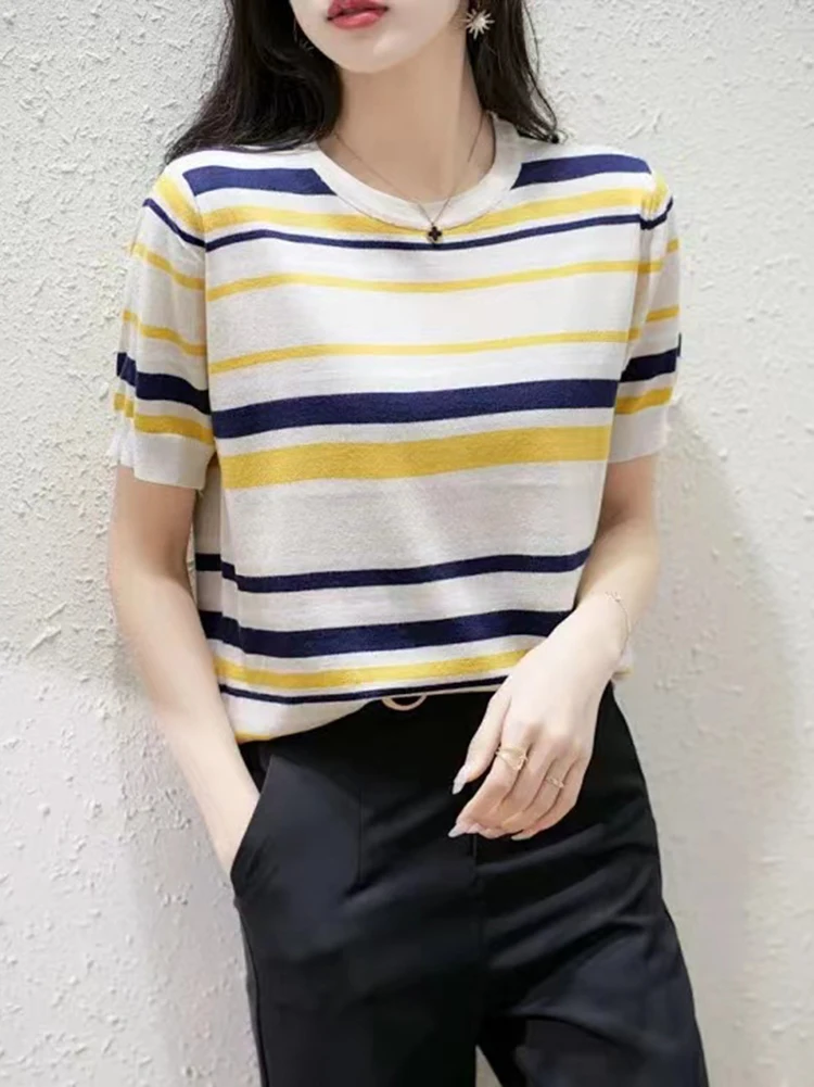 

Sweater Mujer 2023 Summer Striped Knitted Sweater Women Loose Casual Woman Clothing Short Sleeve Top O Neck Pullover Pull Femme