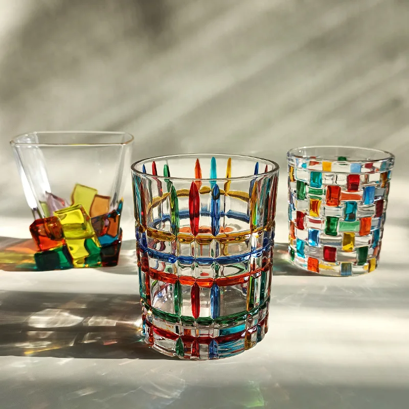 

Hand Painted Lines Crystal Whiskey Glass Old-fashioned Scotch Whisky Brandy Cocktail Couples Beer Rum Glassware