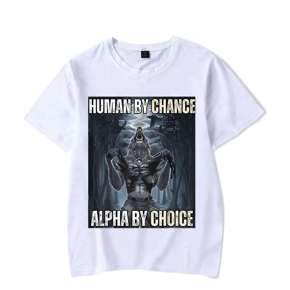 Фото Human by Chance Alpha by Choice Wolf Мужские и женские футболки с забавными мемами Повседневные винтажные футболки для пар большого размера с короткими рукавами №2
