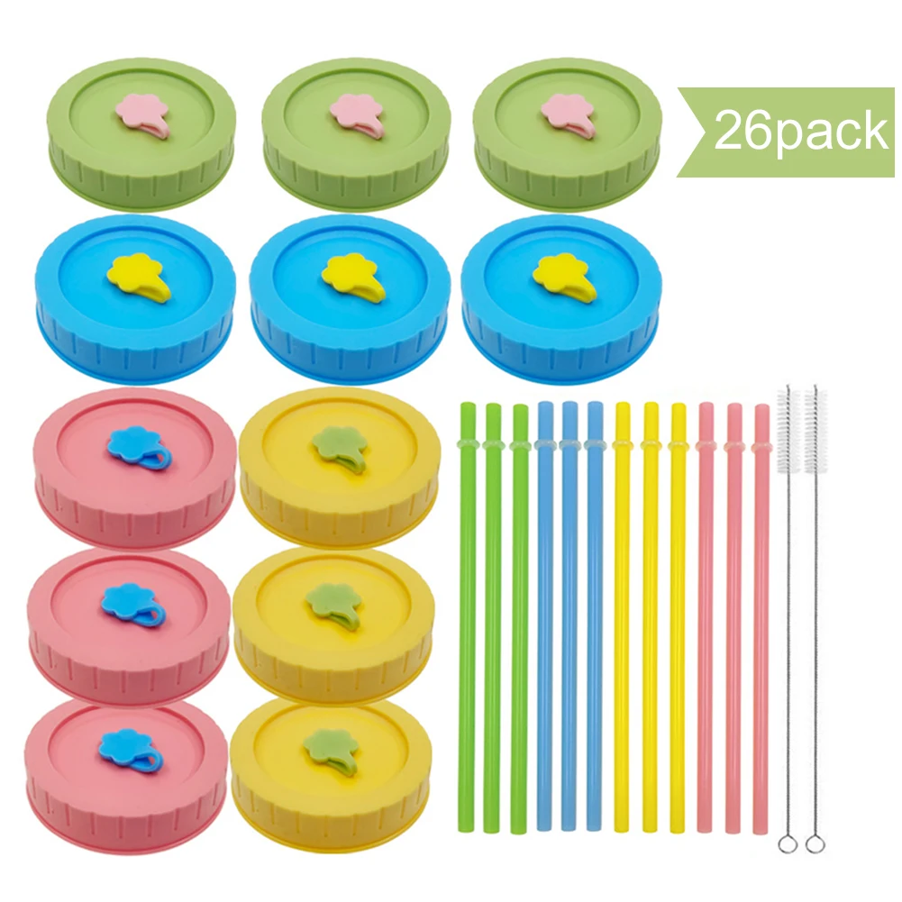 

26pcs Straw Leakproof DIY Safe Silicone Stopper Wide Mouth Food Storage Cap Home Drinking Mason Jar Lid Set Cleaning Brush