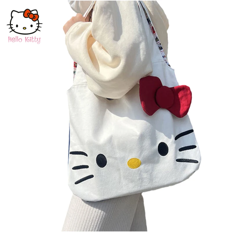 

Холщовые сумки с героями мультфильмов Hello Kitty Kawaii Sanrio, Большая вместительная сумка через плечо, женские повседневные сумки-тоуты, милая сумка для хранения в подарок