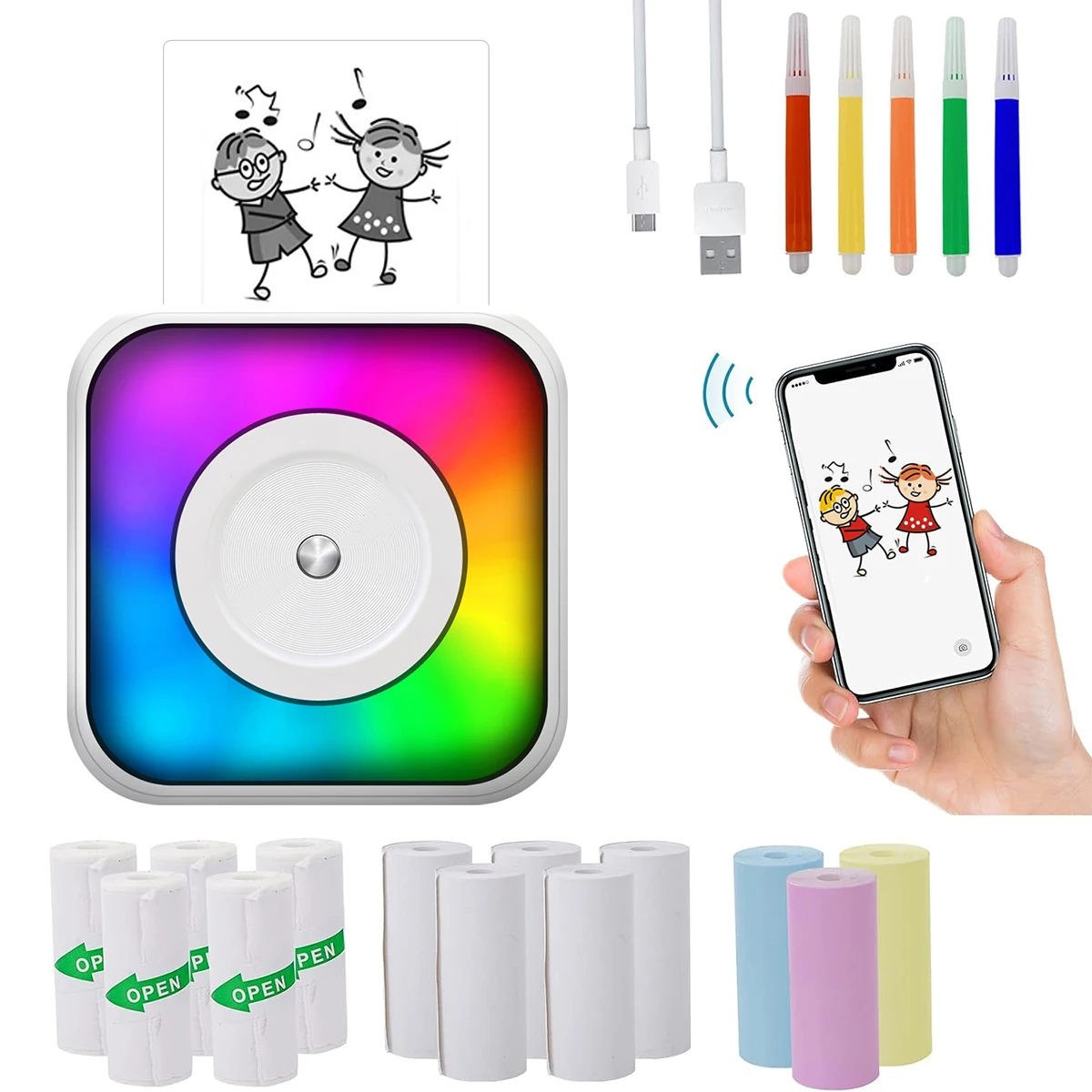 

Mini Printer Portable Thermal Mini Pocket Printer with Rolls Paper Photo Printer Wireless Bluetooth Smart Phone Inkless Printers