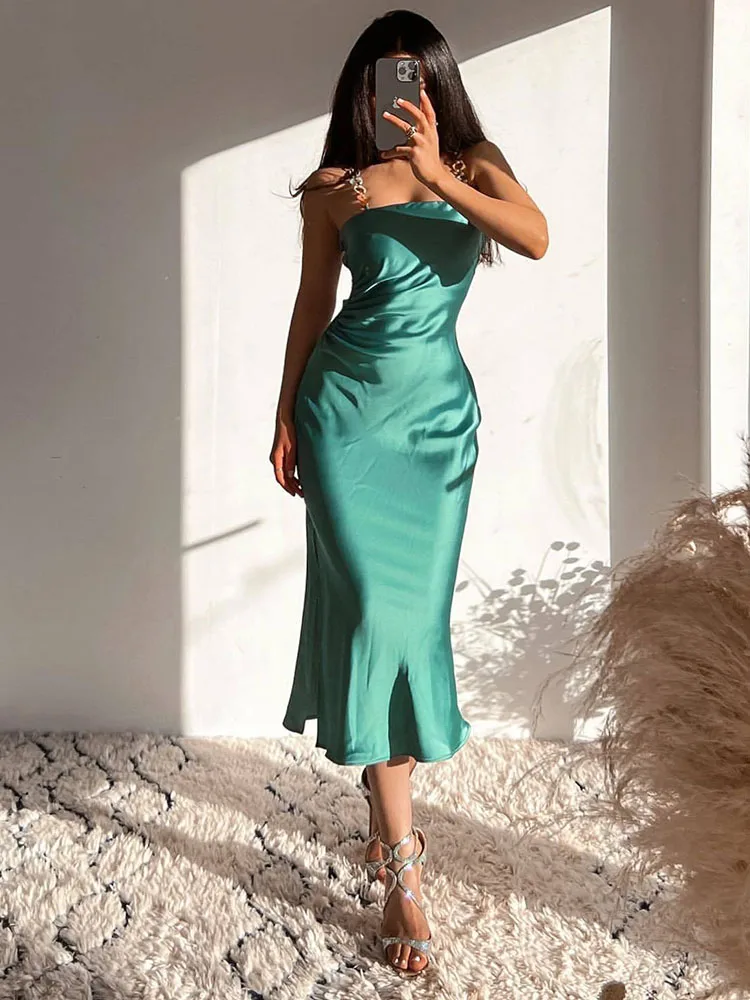 

YLJHQX Sexy Women Satin Texture Solid Color Dress 2022 New Ladies Chain Design Strap Midi Dress