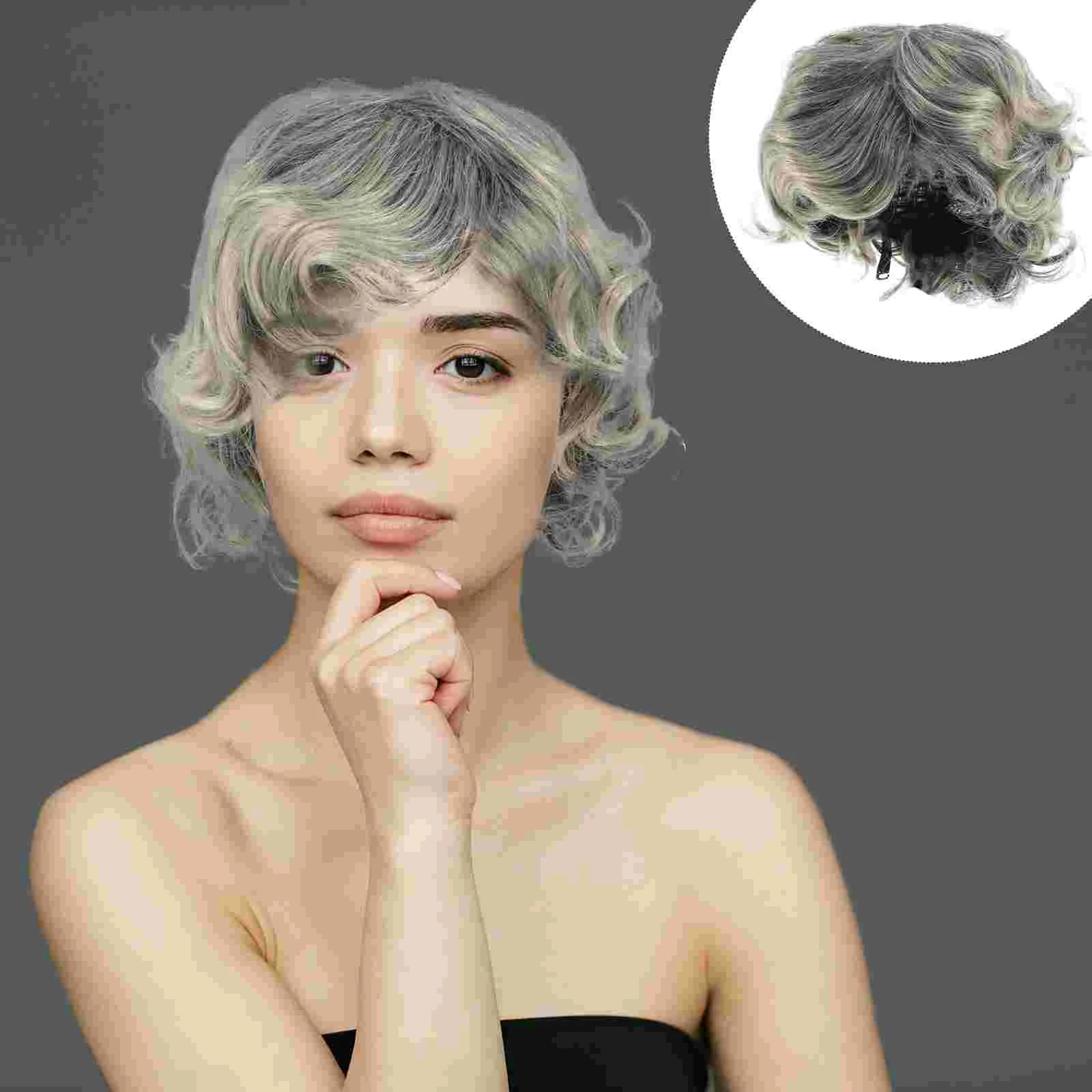 

White Curly Wigs with Bangs Heat Resistant Natural Curly Short Old Lady Grandma Synthetic Hair Full for Parties