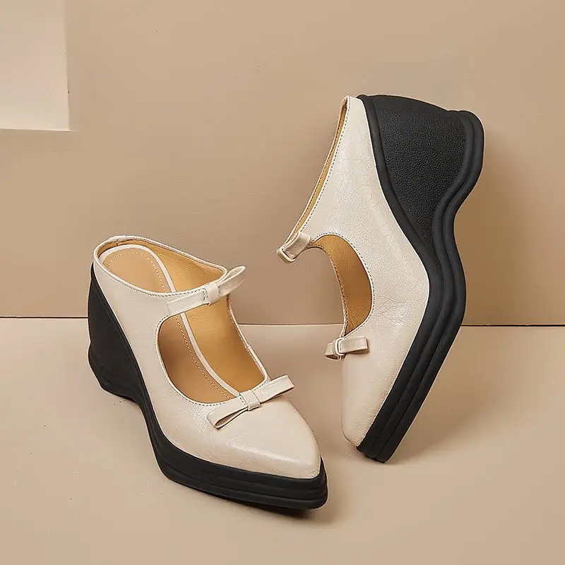 Туфли Lanxuryee женские из натуральной кожи без задника на танкетке с бантом-бабочкой