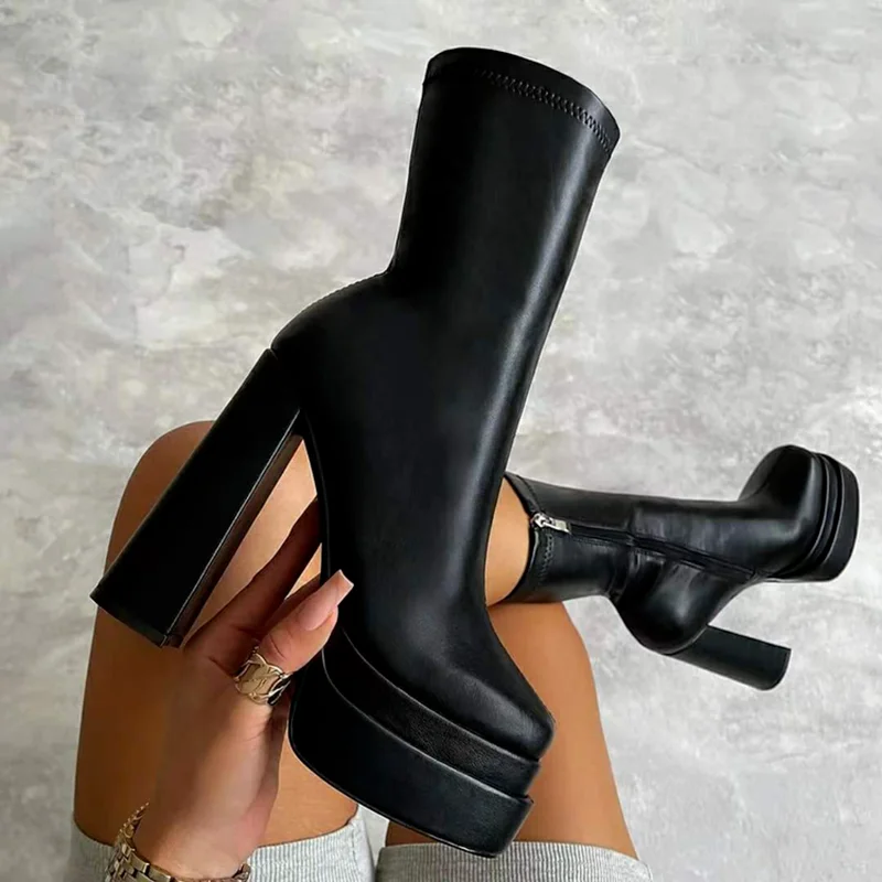 Top Quality Brand Double Platform Women's Boots Zipper Ankle Booties High Heels Party Dress Vintage Office Woman Shoes