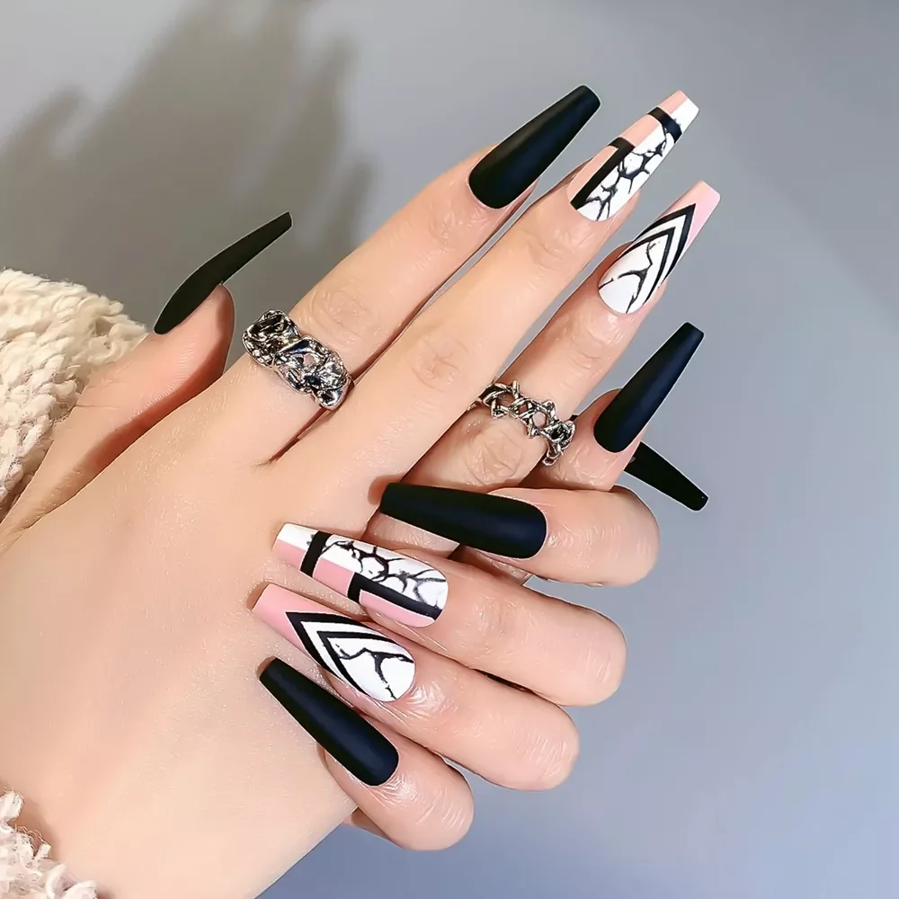 

2022NEW Press on Nails Punk Black White Patchwork Fire Pattern Long Coffin False Nails Ballerina Fake Nail Art Manicure Full Tip