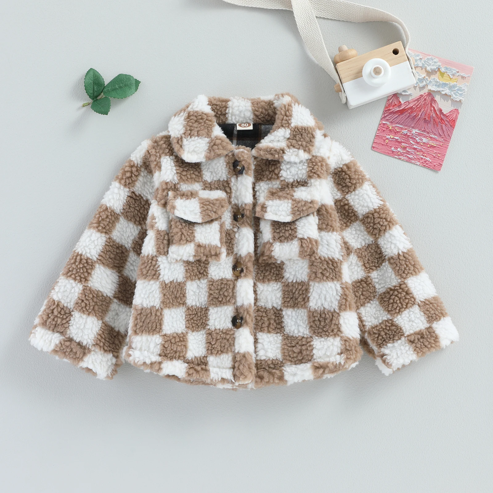 

BeQeuewll Toddler Girls Boys Fleece Jacket Checkerboard Turn-Down Collar Button-Down Sherpa Coat Winter Warm Kids Outerwear