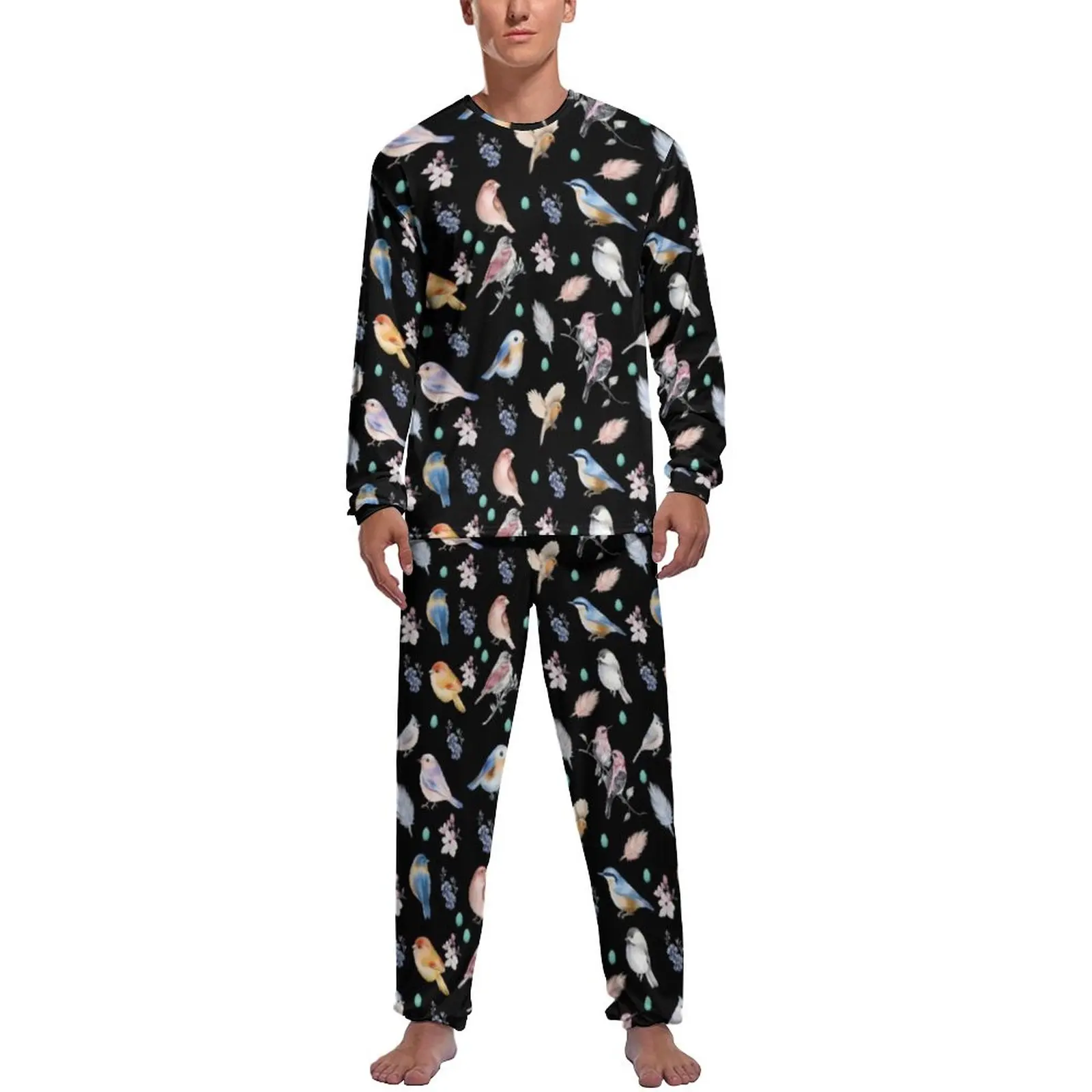 Colorful Spring Birds Pajamas Spring Floral Print Sleep Sleepwear Men Two Piece Design Long Sleeve Warm Pajama Sets