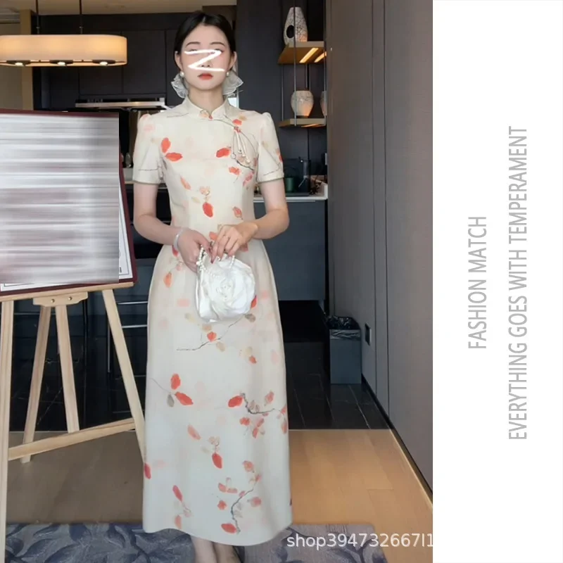 Винтажное шифоновое платье с принтом и короткими рукавами весна-лето 2023 новая