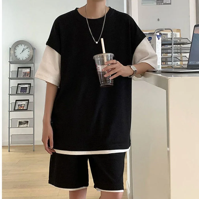 cool casual loose shorts two piece set Men's summer suit thin ice silk fake two piece short sleeve Korean fashion gym school boy images - 6