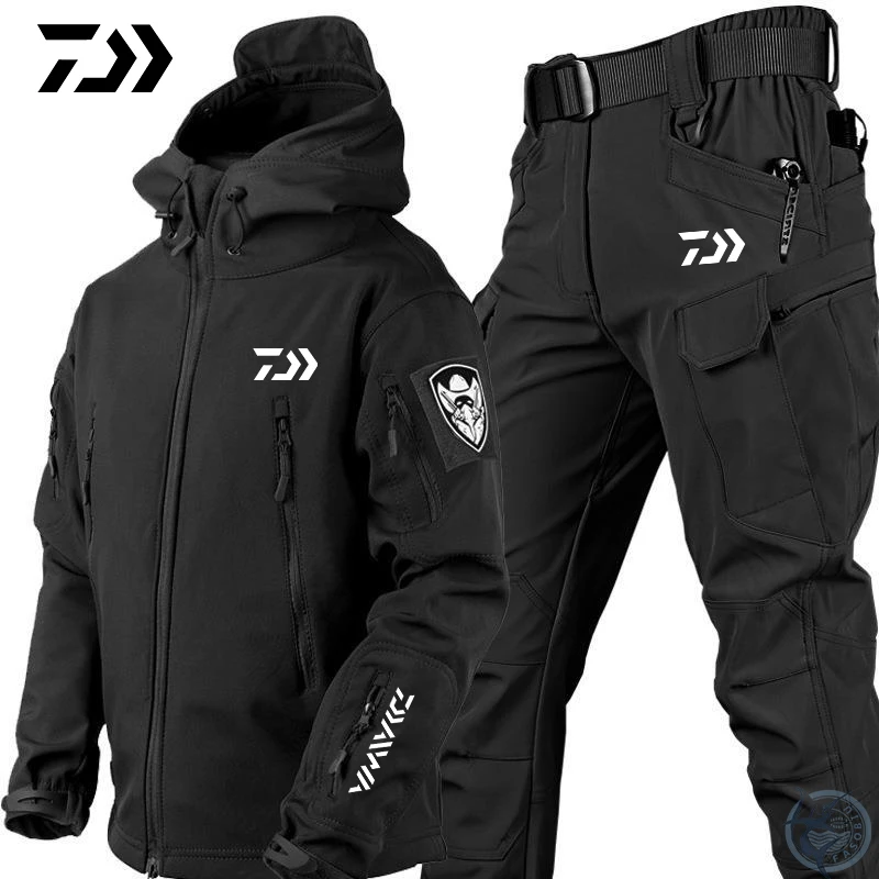 

Daiwa Military Shark Skin Soft Shell Jackets for Pants Tactical Windproof Waterproof Fishing Jackets Men's Hooded Fishing Suit