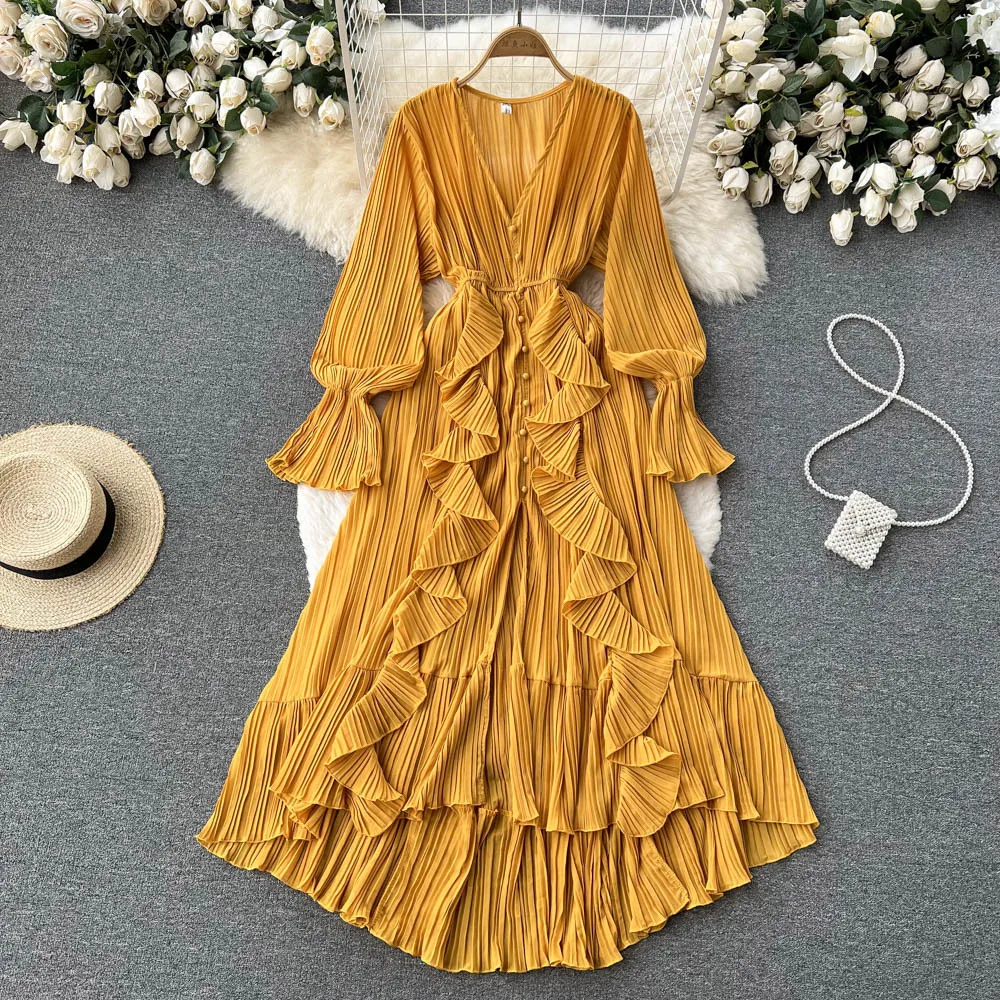 

chiffon long dress women's lotus leaf lace waist slim dress one