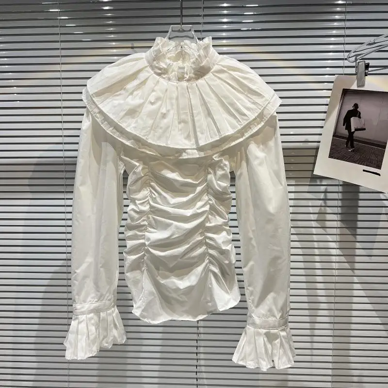 High Quality Spring Women's Blouse Ruffles Shawl Stand Long Sleeve Draped Folds Shirt 2022 New Fashion White Tops