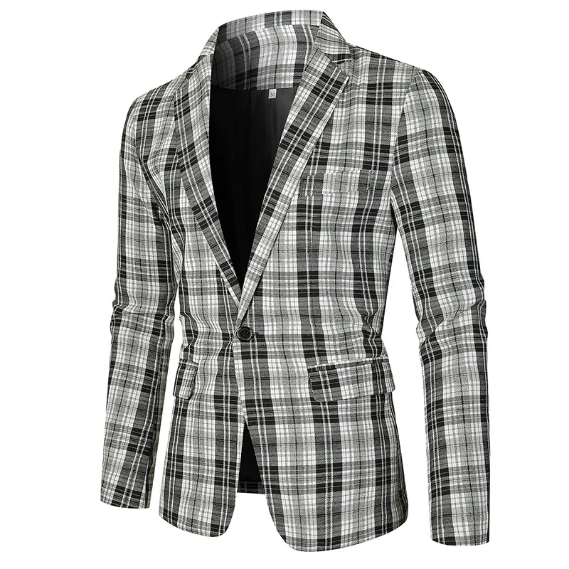 

LUCLESAM Men's Plaid Contrast Color Suit Autumn New Fashion Men Slim Fit One Button Casual Lapel Suit