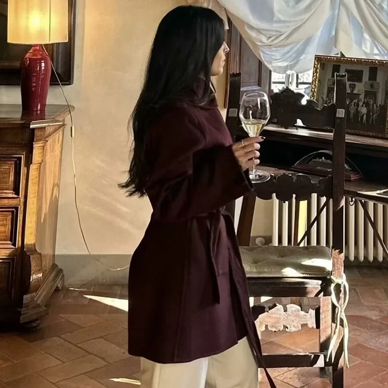 TRAF Твидовая длинная верхняя одежда Женское пальто Бордовый пояс Пальто с