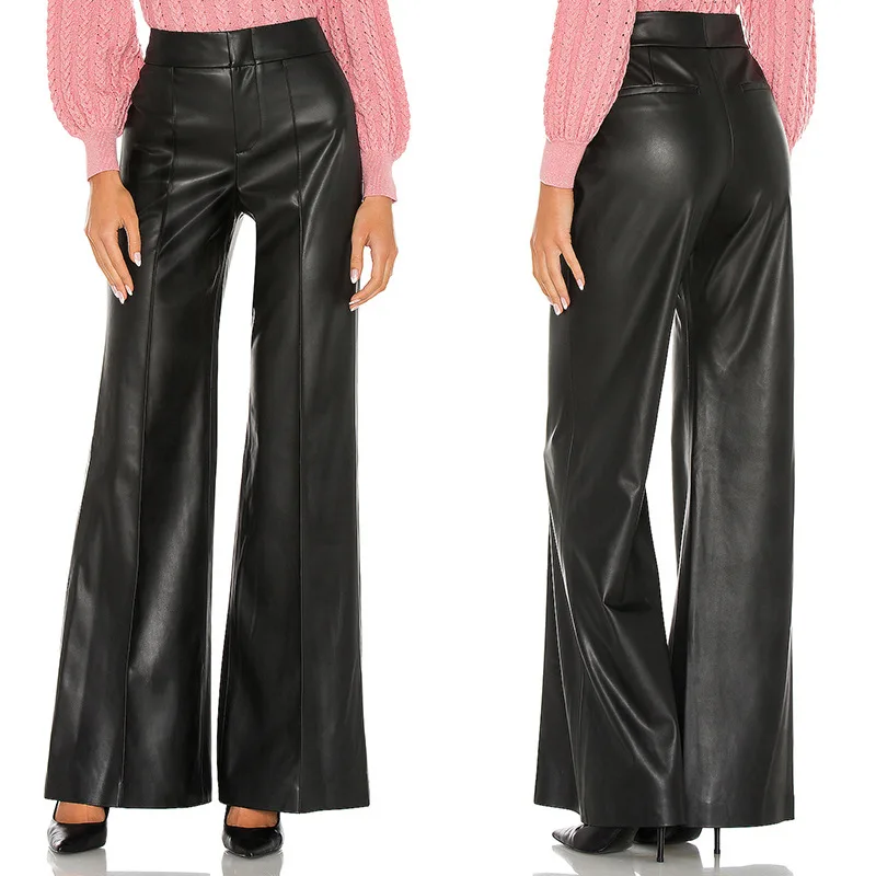 

Faux PU Leather Straight Trousers Wide Leg Woman Pants Casual High Waist Bell Bottom Black Loose Pants Office Formal Party Pants