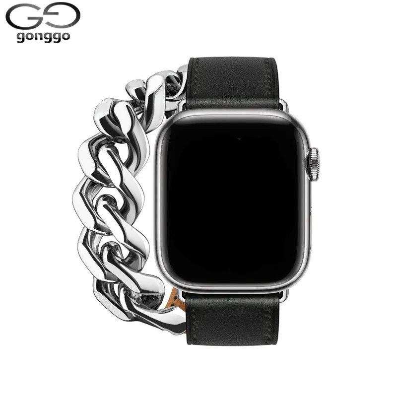 Leather Gourmette Metal Double Tour Strap For Apple Watch Band 49mm 41mm 45mm 40mm Leather Bracelet for iWatch series 8 7 6 SE 5