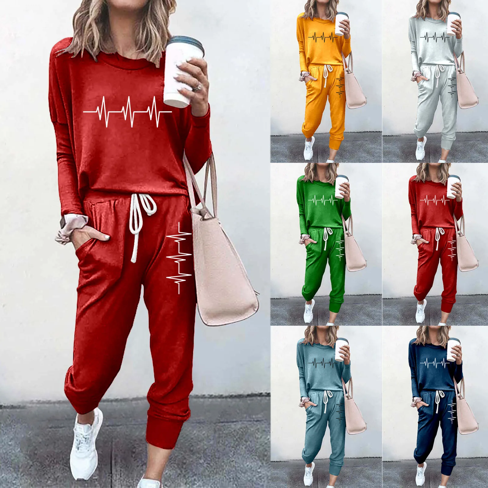 

Women Casual Autumn And Winter Fashion Printed Round Neck Long Sleeve Pocket Drawstring korean style clothes Pullovers